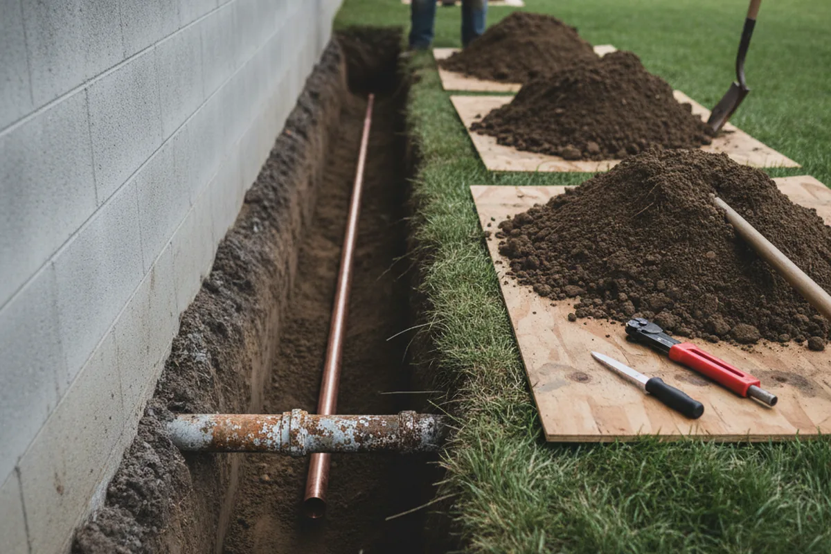 Excavated water line trench during Water Heater Repair in Hubbard